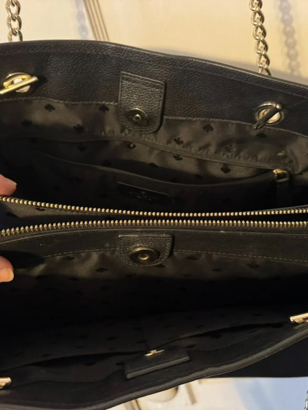 Kate Spade Black Leather Tote Purse with Gold Chain Link Straps